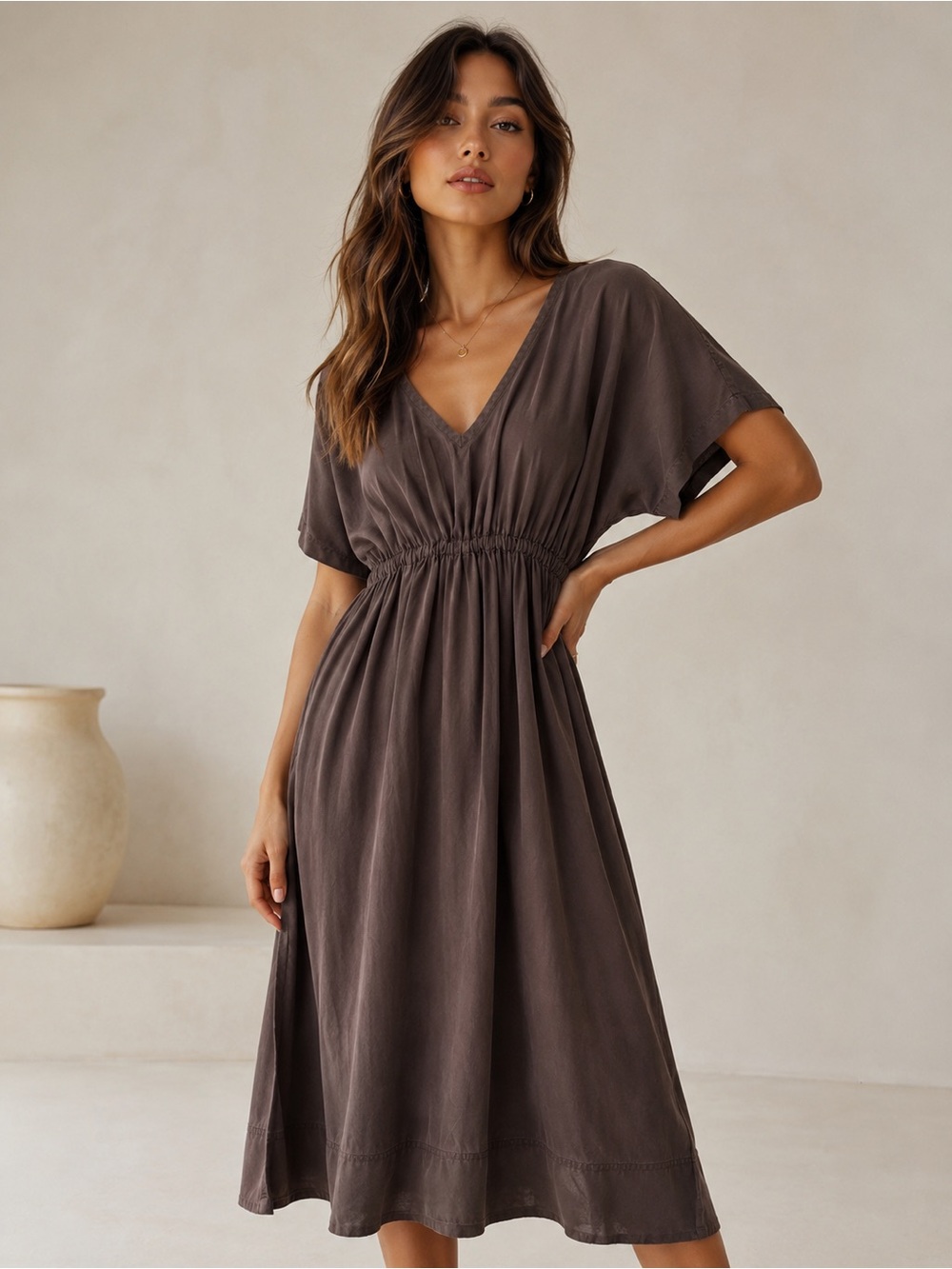 SUNDANCE Vintage Faux Suede Look Boho Midi Dress Taupe Brown Empire Waist